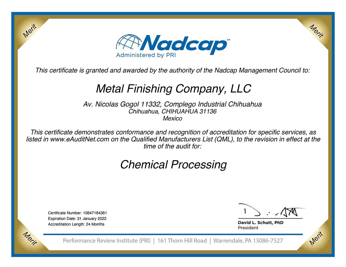 Nadcap Certifications Metal Finishing Company Aerospace Processing